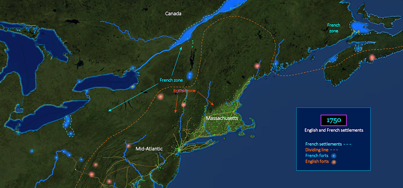 British and French settlements, 1750 map